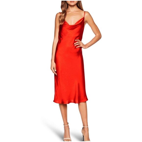 Bardot Revolve Red Satin Cowl Neck Midi Dress Shiny US 8 Medium EUC Strappy - Picture 1 of 14